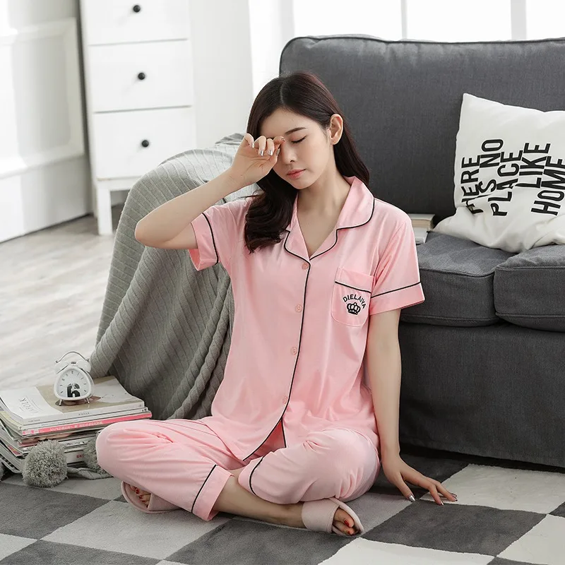 2018 летняя Хлопковая пижама комплект для женщин с коротким рукавом Одежда сна