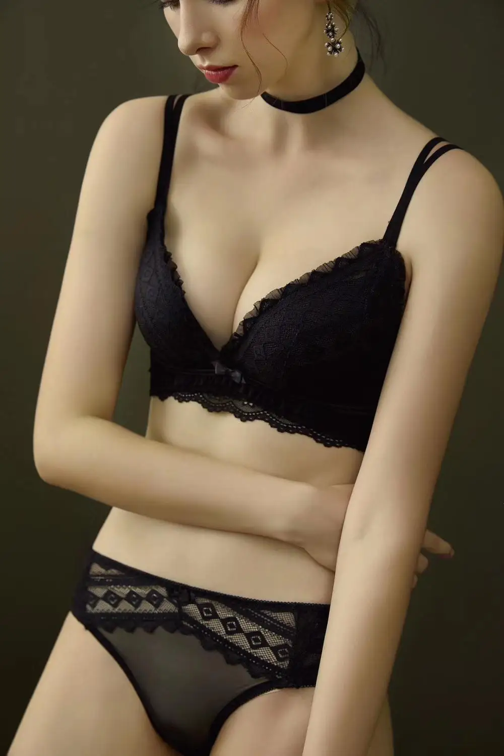 

Lace Girly Bra Set Comfortable Sexy Deep V Super Gathered Underwear Sets Adjustment Female Lingerie and Underpants 2pcs Suit