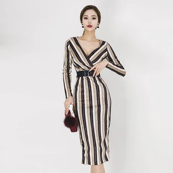 

Sexy V-nevk Striped Knee-length Women Dress Elegant Sashes Hip Package Female Office Ladies Dress 2020 Autumn Velvet Vestidos