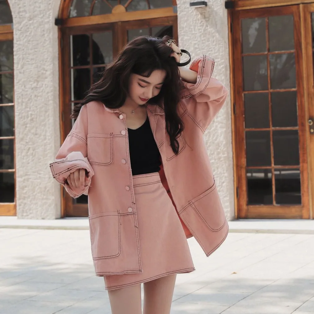 

Photo Shoot CHIC Ladies' Pink Open Wire Loose-Fit Fold-down Collar Single Breasted Shirt Jacket A- line Skirt Set