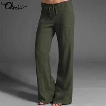 

2020 Celmia Wide Leg Pants Women Vintage Linen Trousers Fashion Long Palazzo Casual Pockets Solid Loose Pantalon Femme Oversized