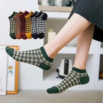 

Harajuku Houndstooth Grid Printed Ankle Socks Women Girls Casual Cute 100 Cotton Best Low Cut Black Japanese Funny Student Socks
