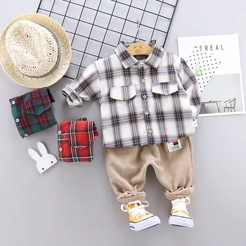 

2019 Autumn Baby Boys Plaid Long Sleeve Lapel Collar Shirts Tops + Casual Trousers 2Pcs Suits Children Kids Clothing Sets