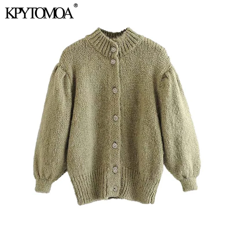 

Vintage Elegant Jewel Buttons Knitted Cardigans Sweater Women 2020 Fashion Three Quarter Sleeve Female Outerwear Chic Tops