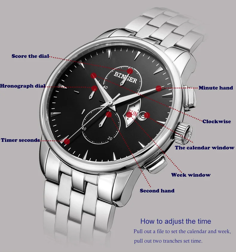 Швейцарские мужские часы люксовый бренд наручные часы Бингер 18K золотые кварцевые часы кожаный ремешок Хронограф водонепроницаемые BG-0404-7