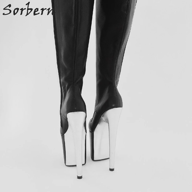 Sorbern/черные сапоги до бедра; обувь на платформе и каблуке для стриптиза; Серебристые ботфорты на очень высоком каблуке; широкий покрой