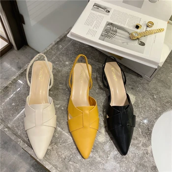 

Summer Women Gladiator Sandals Pointed Toe Designer Leather Med Heel Woman Shoes Yellow Party Dress Sexy Slip On Sandal Black