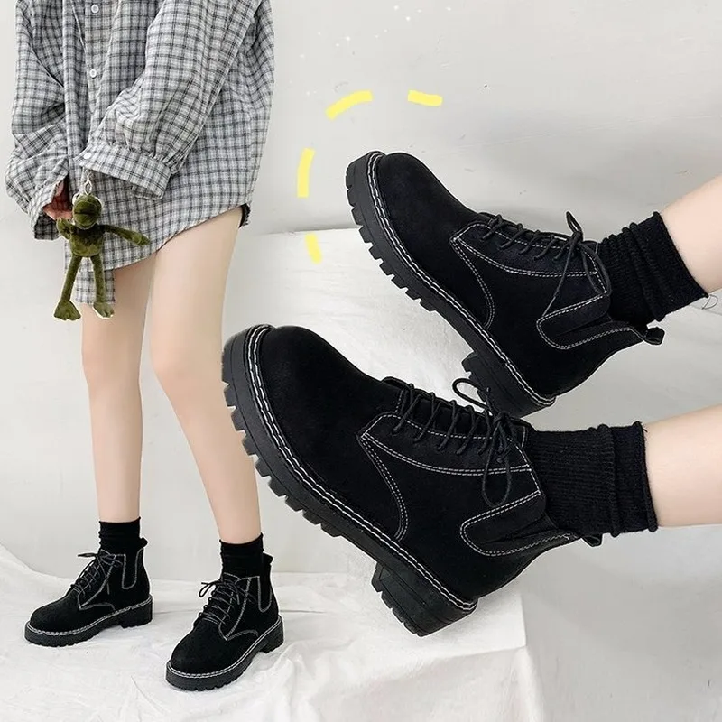 

2019 NEW fashion Round Toe Motorcycle boots Botas de moto de moda thick soled women shoes flat casual women shoes H12-51