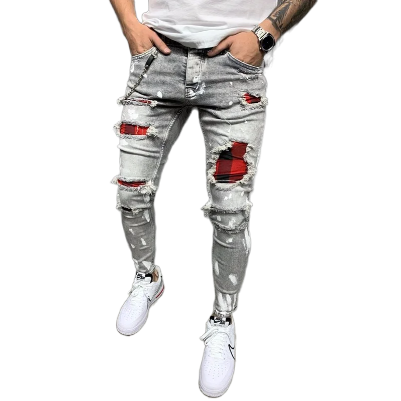 Men's Skinny Ripped Jeans Plaid Patchwork Denim Trousers Hip-Hop Print Jogging Pencil High Quality Denim Men Pants