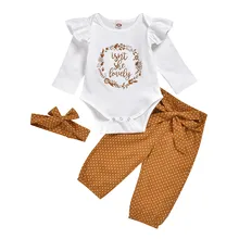 Комбинезон для новорожденных и малышей, для маленьких девочек комбинезон с длинными рукавами с надписью+ брюки в горошек+ повязка на голову для маленьких девочек; Повседневная хлопковая одежда для младенцев Одежда для малышей
