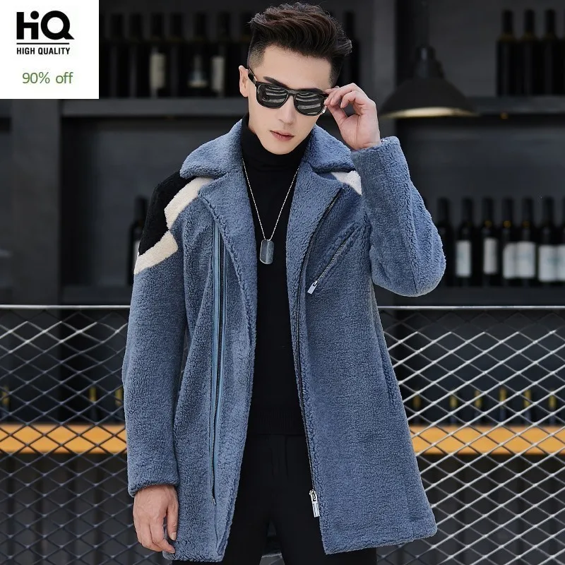 

Winter Mens Mid Long Shearling Overcoat Slim Fit Real Fur Outwear Jacket Colors Mixed Office Man Wool Trench Coat Big Size 4XL