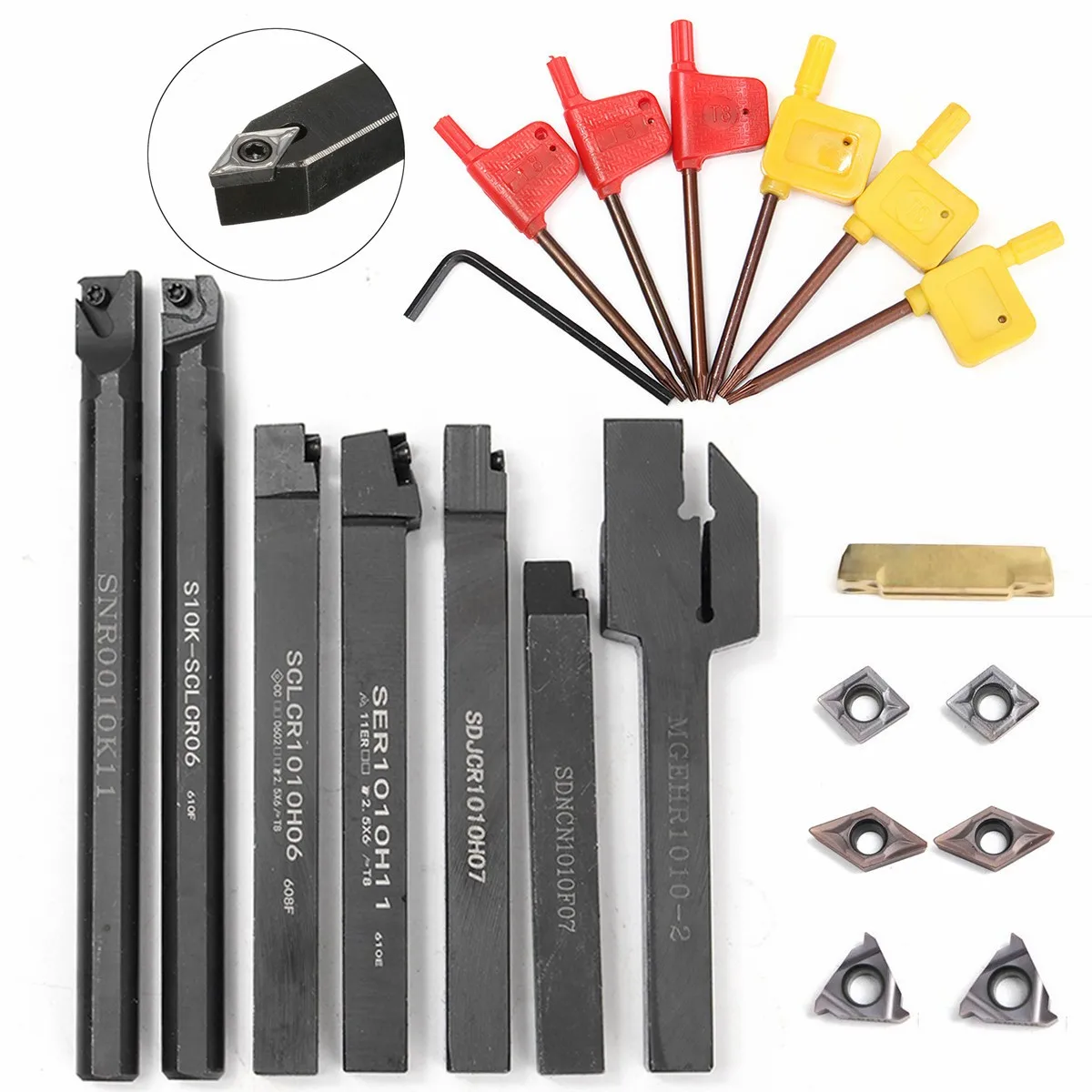 

21pcs/set 10MM 12MM Lathe Turning Tool Holder Boring Bar+ DCMT CCMT Carbide Inserts + Wrench For Lathe Turning Tool
