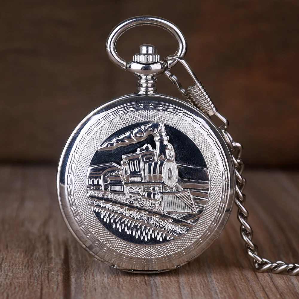 

5pcs Double Hunter Mechanical Pocket Watch Silver Tone Train Front Locomotive Engine Design Pendan Chain Gift Clock PJX034