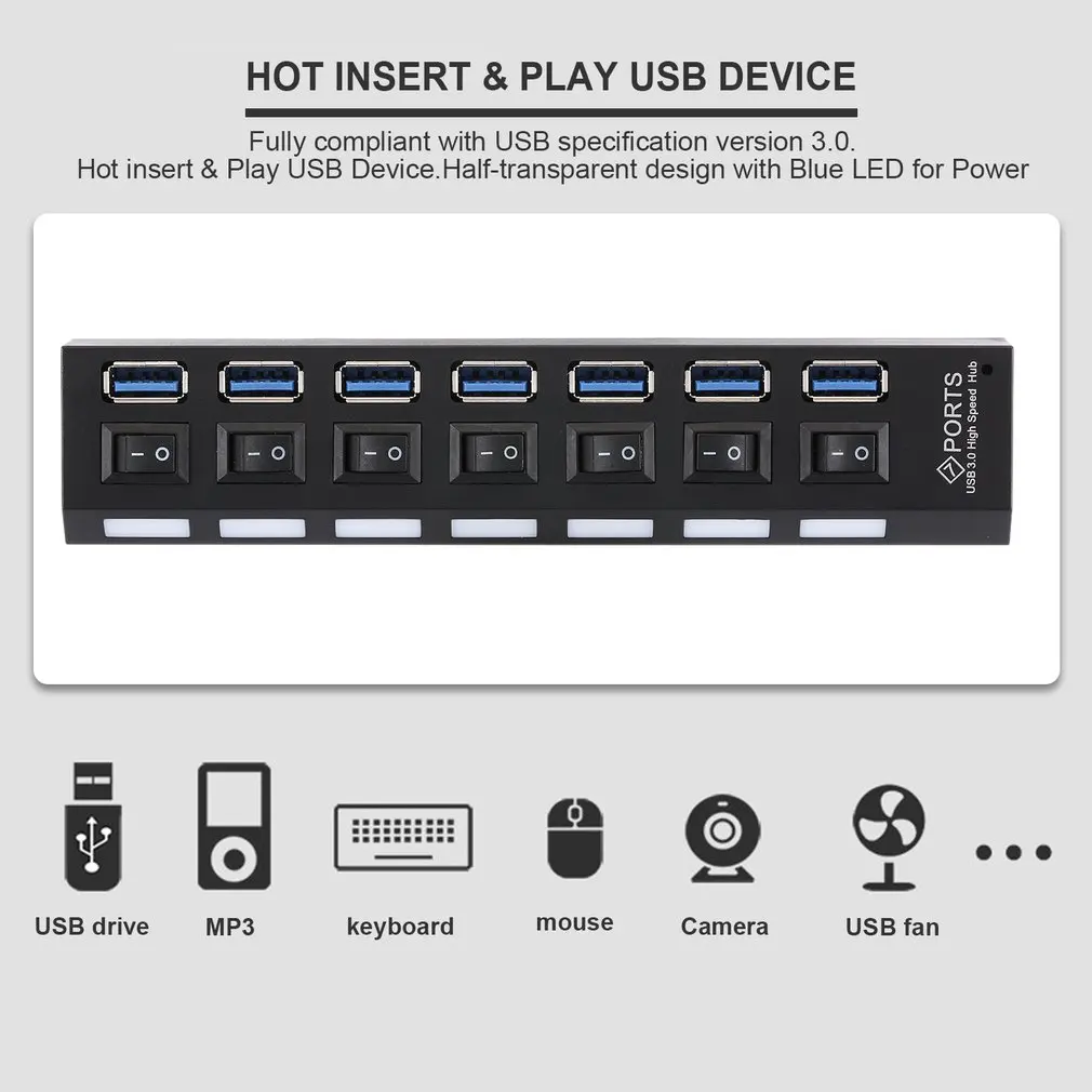 7-Порты и разъёмы USB 3,0 концентратор сплиттер с переключатель высокого Скорость 5 Гбит/с USB HUB мульти разделители USB Поддержка 1 ТБ HDD для ПК