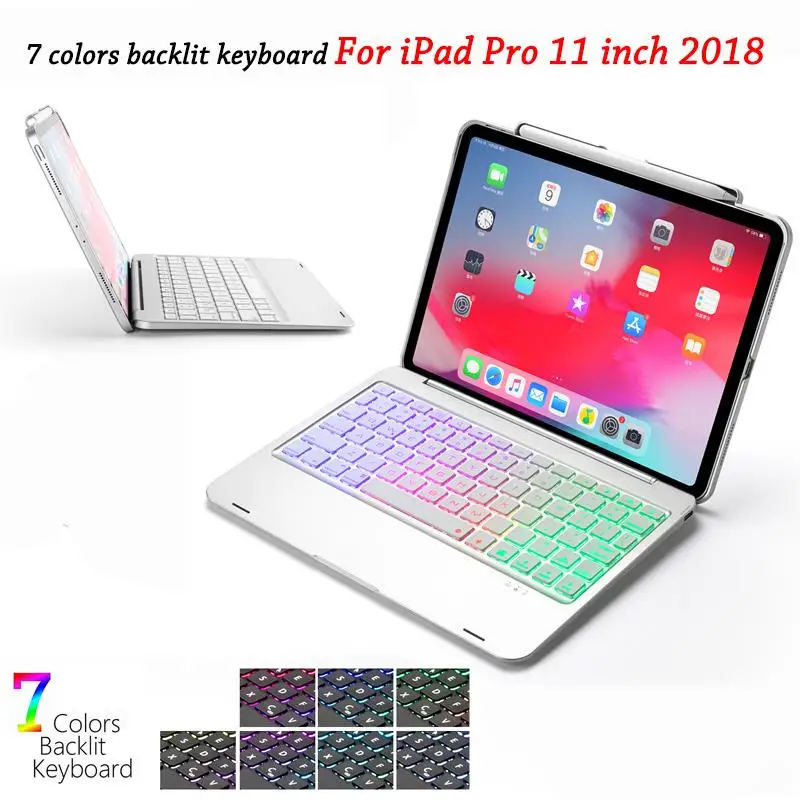 

Tablet Keyboard For iPad Pro 11 inch 2018 Case with Bluetooth Keyboard 7 Colors Backlit USA Keyboard Case with Pencil Holder