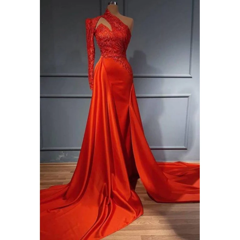 

Formal Elegant Mermaid Prom Dresses One Shoulder Long Sleeve Appliques Sweep Train Women Long Evening Pageant Gowns Custom Made