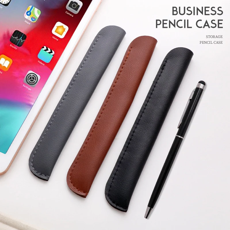 Business Portable Pen Case Creative Personality Gel Pen Protective Cover Simple Solid Color Leather Pen Pencil Case Stationery
