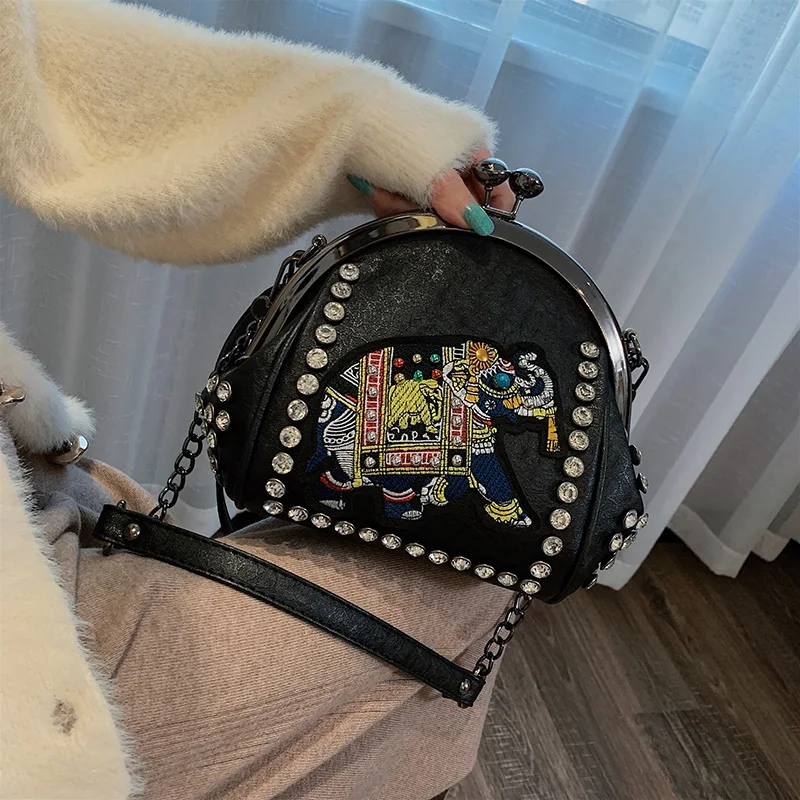 women bag 1 Новая Винтажная сумка с вышивкой в виде слона с замком поцелуя, Сумки из искусственной кожи на цепочке, женская сумка через плечо, богемные женские сумки - Цвет: women bag 1