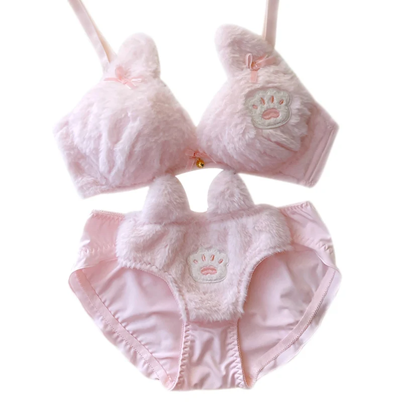 

Japanese Lolita Cute Bra and Panty Set Women Push Up White Sexy Lingerie Pink Plush Anime Cat Cosplay Erotic 2 Pieces Underwear