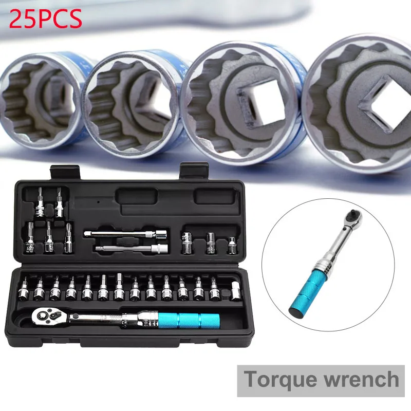 

25Pcs 1/4" 2-14Nm Adjustable Torque Wrench Socket Bicycle Repair Tools Kit Hexagon Bit Adapter Hand Tool Set Car Repair Spanner