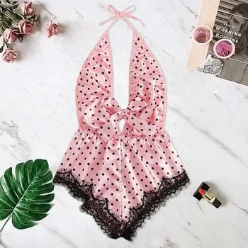 

Pijama Mujer Sleepwear Polka Print Lace Satin Sexy Lingerie Pajamas Bowknot Backless Teddy Summer Casual Vintage Pyjamas Ladies