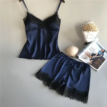 

2020 New Women Bow Sleepwear Sleeveless Strap Nightwear Lace Trim Satin Cami Top Pajama Sets Femme Sexy Lingerie Pyjamas Women