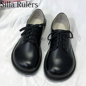 

Silla Rulers Runway 2019 new genuine round fat toe leather low heels woman shoes Flat bottom shallow lace up shoes for women