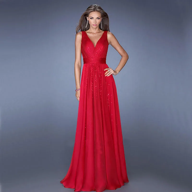 

Sexy Long Prom Dress Party Wedding Guest Dress Sister Club Bridesmaid Red V-neck Sleeveless Women Backless Princess Blue