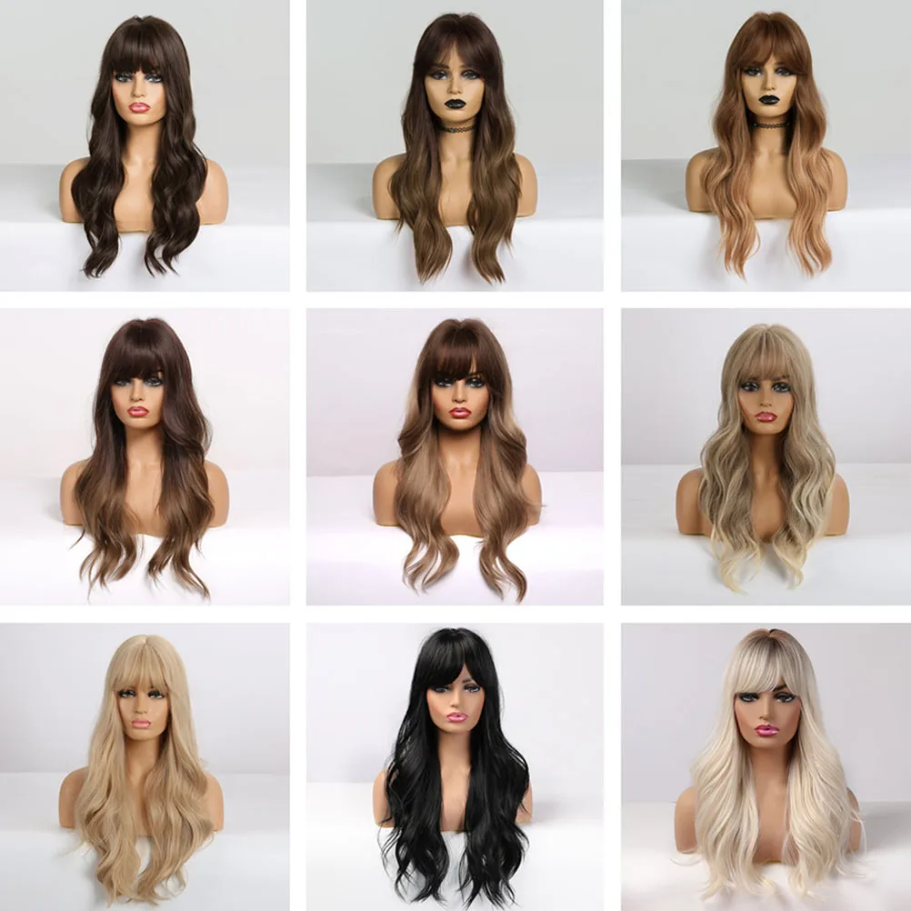 EASIHAIR Long Dark Brown Women's Wigs with Bangs Water Wave Heat Resistant Synthetic Wigs for Black Women African American Hair