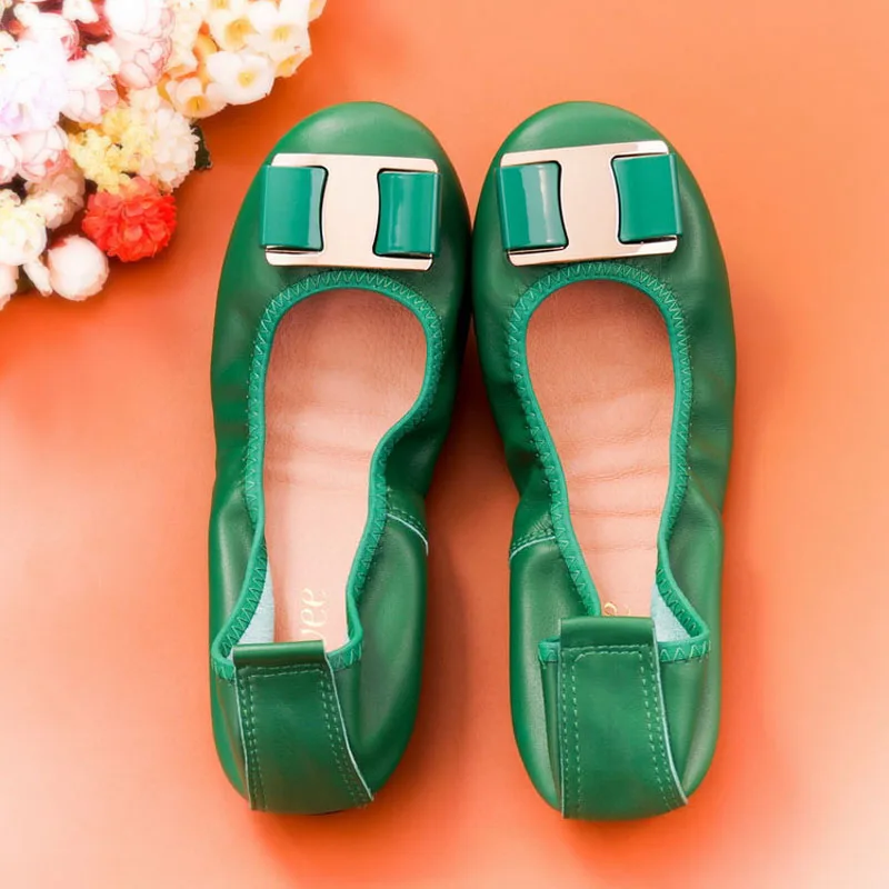 2021 Genuine Leather Metal Bow Buckle Women Ballet Flats Shoes Women Fashion Round Toe Shoes For Women Soft Comfort Loafers