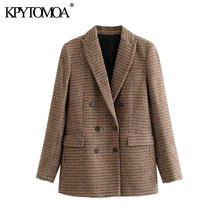 Винтажный стильный двубортный твидовый блейзер с узором «гусиная лапка», пальто для женщин, модная одежда с длинным рукавом для офиса, верхняя одежда, шикарные топы