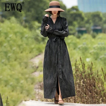 

[EWQ] 2020 Spring Summer New Arrivals V-neck Full Sleeve High Waist Striped Solid Pattern Women Casual Loose Pockets Dress AY460