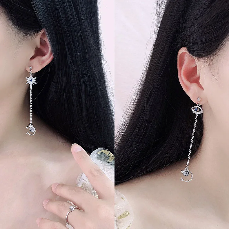 New Trend Cubic Zirconia Blue Eye And Star Asymmetric Earrings Luxury Brand Design Long Earrings For Women Fashion Jewelry