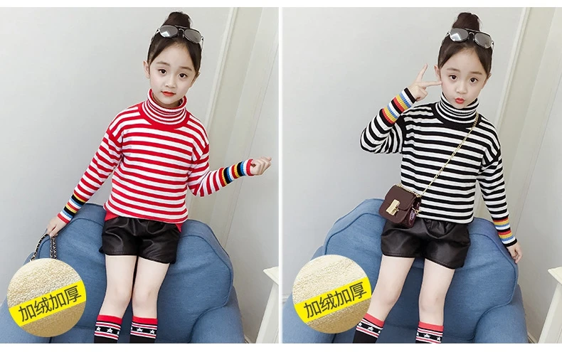 Children's Turtleneck Sweater Baby Girl Red Black Korean Style Pullovers Knitted Striped Sweaters Toddler Kids Fall Top Clothes
