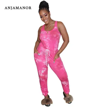 

ANJAMANOR Tie Dye Jumpsuit for Women 2020 Summer Casual Rompers Lounge Wear Onesies for Adults One Piece Sleepwear D52-AE72