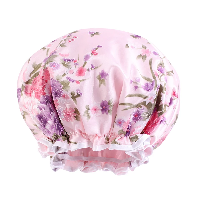 Large Size Shower Cap Satin Waterproof Bath Hat Shampoo Cap Sleeping Night Hair Care Bonnet Hair Cover Women Bathroom Supplies flower hair clips Hair Accessories