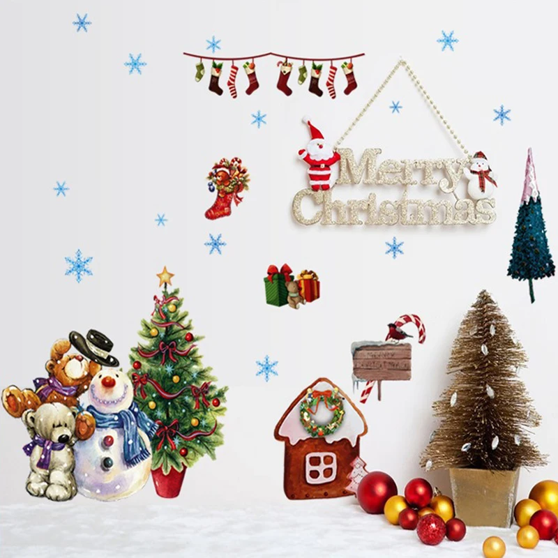 Cartoon Christmas Tree Snowman Wall Sticker Shop Window Glass Decorations Decals Vinyl Posters For Kids Room Nursery Decor Wall Stickers Aliexpress