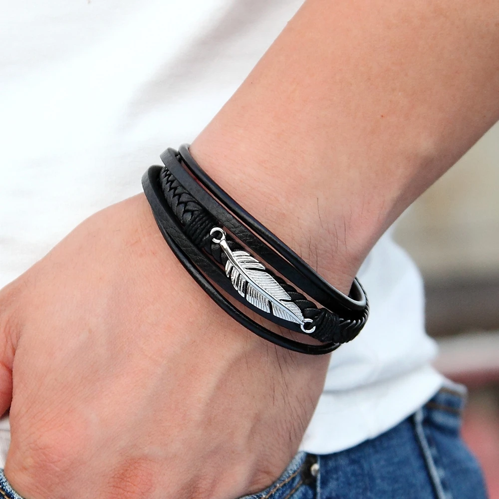Multi-layer Leather Feather Shape Accessories Men’s Bracelet Stainless Steel Leather Bracelet For Special Birthday Present