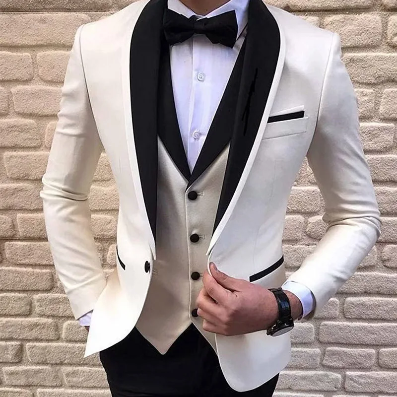

Fashion Men's Suits Slim Fit Prom Tuxedos Shawl Lapel Blazer Vest Pants 3 Pieces Suit Set Groomsmen for Wedding