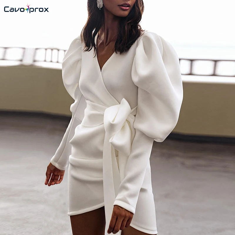 

Women Lantern Sleeve Long Sleeve Wrap Belt Pleated Slit Dress Above Knee Mini Spring Fall Solid Fashion New Trends Dress