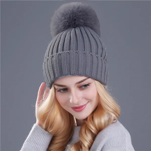 fox dark gary Xthree, шапка из меха норки и лисы, помпоны, зимняя женская шапка, шапка для девочек, вязаные шапки, шапка, фирменная Новинка, толстая женская шапка - Цвет: fox dark gary