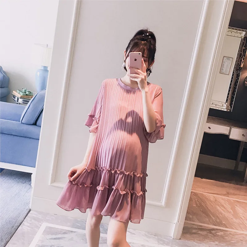 Pregnant dress half sleeve chiffon loose fashion pleated slim maternity dress out wear women's clothing dresses pregnancy gifts