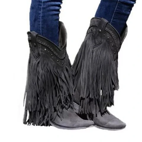 Litthing Women Mid-calf Boots Low Heel Bohemia Style Motorcycle Boots Fringed Cowboy Boots 2019 Shoes Autumn Women Shoes