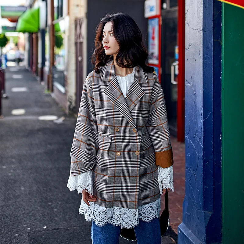 

Plaid Blazer Female Double Breasted Women's Suit Lace Spring Jackets and Blazers for Women blaser feminino YQ217