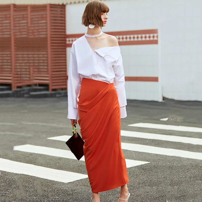 [EAM] оранжевая плиссированная юбка с высокой талией, с разрезом, темпераментная длинная юбка средней длины, женская модная новинка, весна-осень, 1D125
