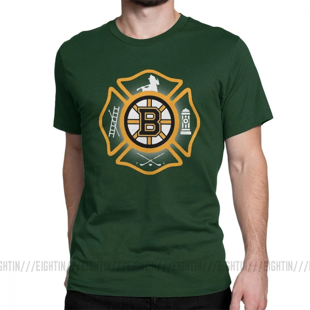 Мужская футболка в стиле пожарного Бостона, огненного бруинса повседневная одежда с короткими рукавами и круглым воротником футболки из хлопка размера плюс - Цвет: Forest Green