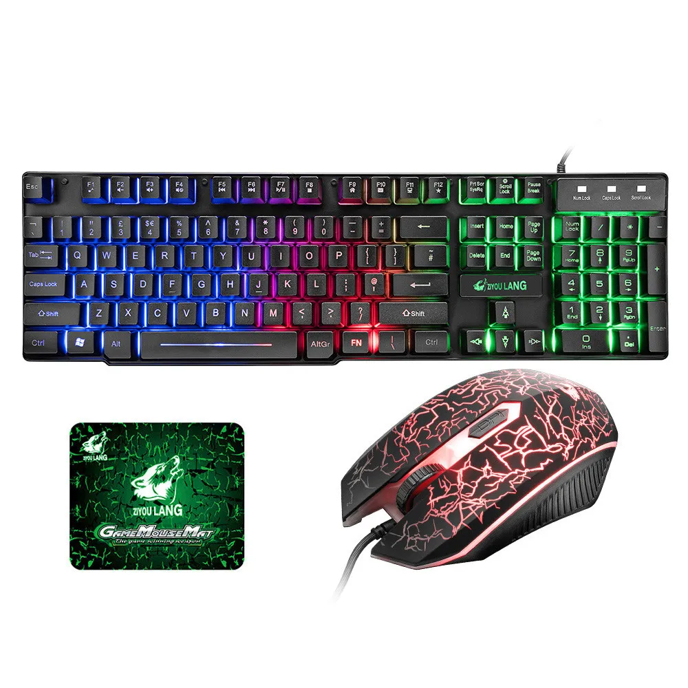 Красочные светодиодный с подсветкой USB проводной PC Радуга Gaming Keyboard Мышь комплект