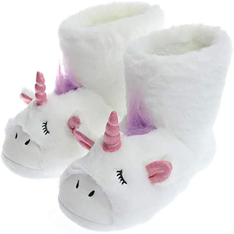 Millffy/милые зимние ботинки с единорогом; Плюшевые ботинки; теплые Нескользящие хлопковые ботинки с мехом; домашняя женская обувь из хлопка - Цвет: White