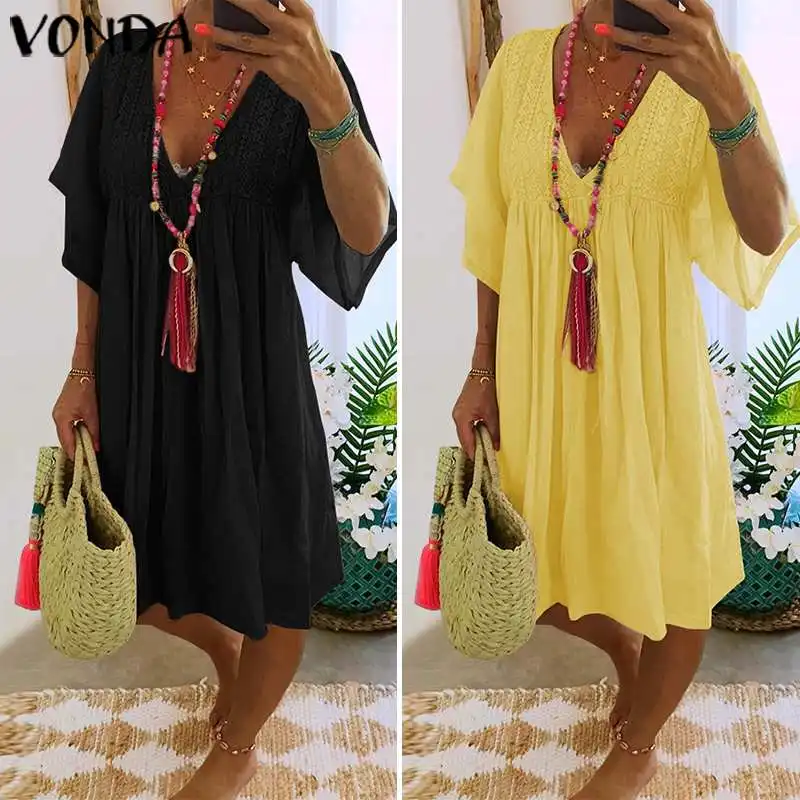 VONDA Woman Dress Summer Casual Cotton Ruffled Party Dresses Bohemian Vestidos Plus Size Fermme Short Sleeve V Neck Robe