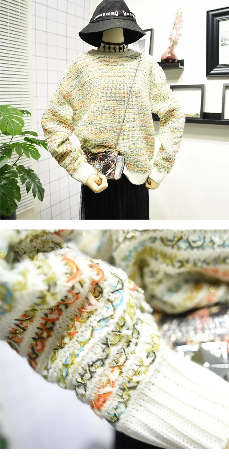 Autumn Winter Women O-Neck Knitted Sweater Stripe Spliced Bright Silk Knitwear Long Sleeve Loose Outerwear Jumper Korean Fashion